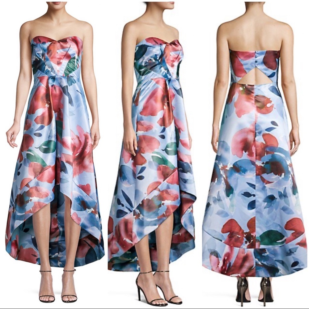 •PARKER BLACK• Blue Floral‎ Clara Pleated Bodice High Low Formal Dress Size 2